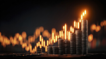 Investing in financial markets can lead to growth, as depicted by rising stacks of coins and glowing graph lines. This symbolizes prosperity and potential for wealth accumulation