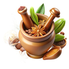 Wooden mortar and pestle filled with spices and herbs surrounded by natural ingredients isolated on transparent background