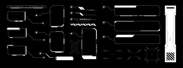 Futuristic callout title text boxes. Digital HUD lower third, frames, and infographic UI elements