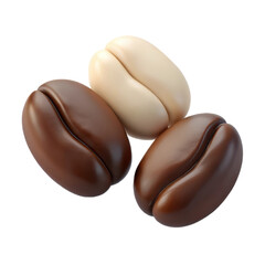 Three distinct coffee beans one light and two dark artfully arranged isolated on transparent background