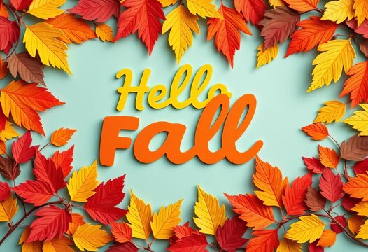 Vibrant paper-cut autumn leaves forming a "Hello Fall" frame, welcome autumn, fall