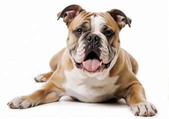 Fototapeta premium A happy bulldog lying down with its tongue out, isolated on a white background.