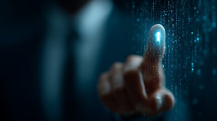 A man in a suit and tie, pointing to a glowing digital lock icon on a blue and black digital screen. The background is a blurred, dark blue digital matrix with a glowing, glowing lock icon.