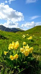 Blooming wildflowers in a grassy meadow, mountains in the background