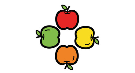 Four colorful apples in a circular arrangement showcasing diverse varieties and freshness, ideal for themes of health, nutrition, and autumn harvests promoting positive, energetic food choices and