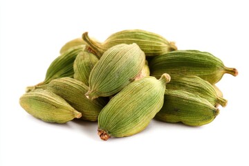 Pile of Green Cardamom Pods on White Background Close Up View