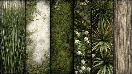 A serene garden scene with lush greenery, wooden planks, and a wooden fence, set against a backdrop of a clear blue sky.