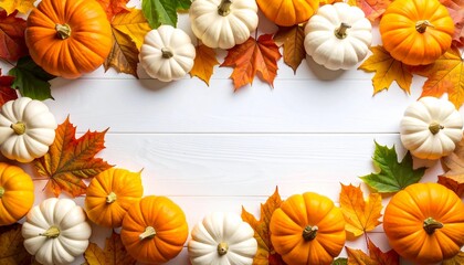 Festive autumn decor from pumpkins, berries and leaves on a white wooden background. Concept of Thanksgiving day or Halloween.