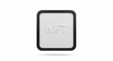 Minimalist white 3D icon with NFT text for non-fungible token concept. Symbol for blockchain, crypto art, and digital assets.