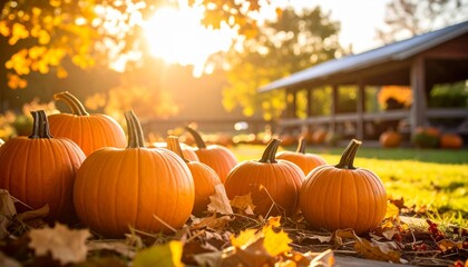 Pumpkins and autumn leaves basking in warm sunlight amidst a tranquil fall setting