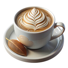 A delicious cup of creamy cappuccino with intricate latte art and a decorative chocolate leaf on a saucer isolated on transparent background