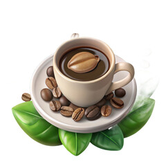 A steaming cup of rich dark coffee with a single coffee bean floating on top surrounded by roasted beans and fresh green leaves isolated on transparent background