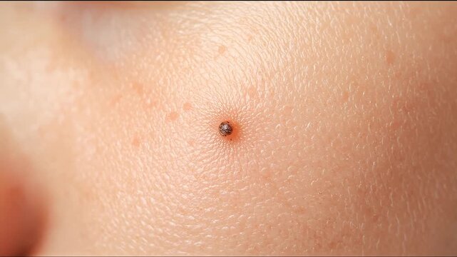 Close up shot showcases a skin with a nevus on the cheek, highlighting the details and textures of the skin's surface