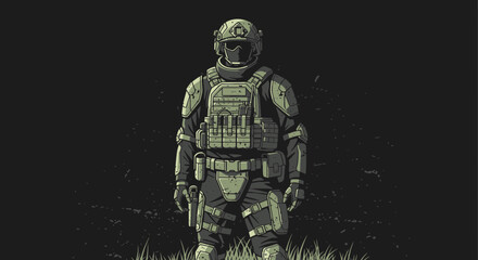 Illustration of a Soldier in Full Tactical Gear Against a Dark Backdrop