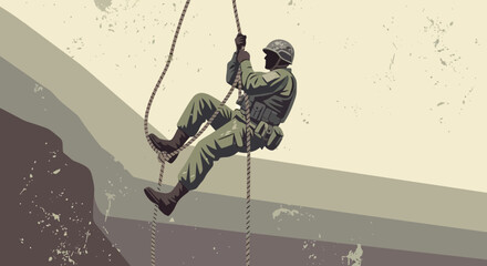 Illustration of a soldier rappelling down a cliff face with dynamic style