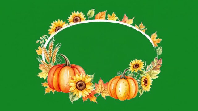 Animated Pumpkin and Sunflower Frame Collection on Green Background Footage
