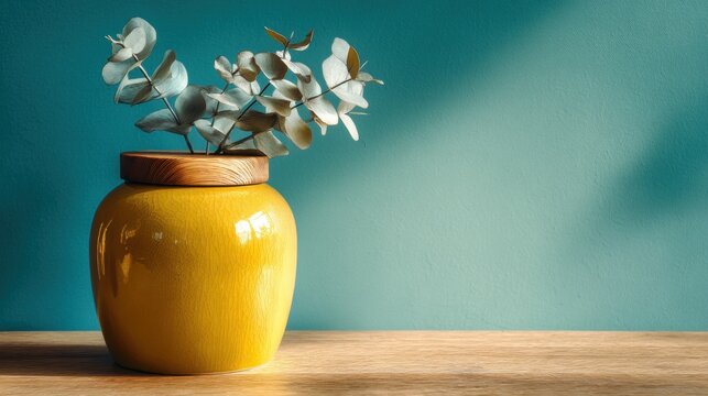 Yellow jar with wooden lid holding eucalyptus branches on wooden table, teal wall background, home decor, garden center promotions, lifestyle content

 - Powered by Adobe
