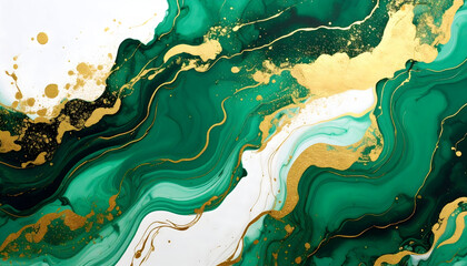 Abstract Green And Gold Fluid Texture With Swirls And Splashes On White Background