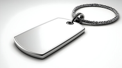 Close-up a blank silver dog tag keychain a twisted chain, perfect branding personalization.