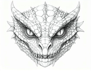 Obraz premium Detailed pencil drawing of a dragon's head, featuring scales, horns, and sharp teeth, set against a white background.