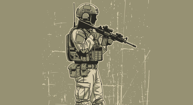 Intense vector illustration of a soldier holding a rifle ready to engage in combat