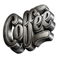 Intricate 3d metallic lettering spelling out the word coffee with a textured antique finish isolated on transparent background