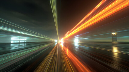 Abstract image depicting vibrant light trails cars night, creating a dynamic energetic cityscape scene.