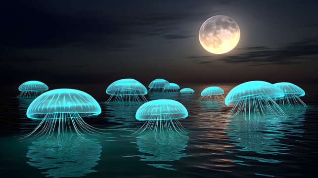 Glowing jellyfish float serenely a dark ocean under a full moon.