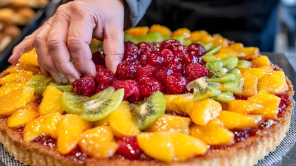 Close-up a baker's hands arranging raspberries, kiwi, peaches a glistening fruit tart.