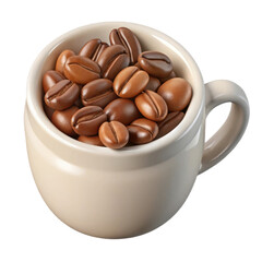 A close up view of a white ceramic cup filled with roasted coffee beans isolated on transparent background