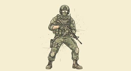 Obraz premium Stylized military vector illustration depicts a soldier in combat gear