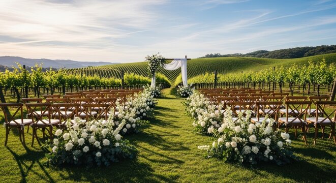 Elegant vineyard wedding ceremony setup with white floral aisle arrangements