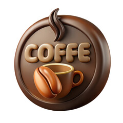 A 3d rendered circular emblem featuring the word coffe a coffee bean and a steaming cup isolated on transparent background