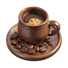 A rustic ceramic cup filled with dark frothy coffee sits on a saucer surrounded by roasted coffee beans isolated on transparent background