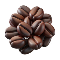 A close up of a cluster of roasted coffee beans with a rich brown color isolated on transparent background