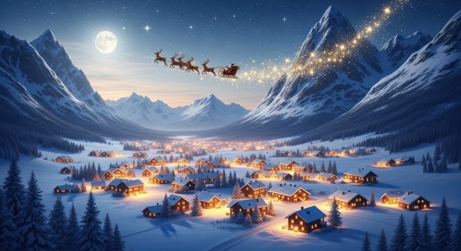 Enchanting winter landscape with Santa's sleigh soaring over a cozy village under a starry sky - Powered by Adobe