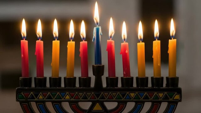 A hanukkah menorah with nine lit candles, including the shamash, glows brightly, symbolizing the miracle of the oil and the festival of lights