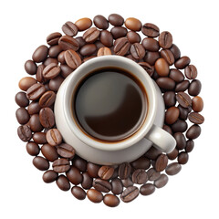 A white ceramic cup filled with dark rich coffee surrounded by roasted coffee beans isolated on transparent background