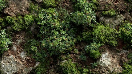 Obraz premium A rocky wall covered with green moss and small plants, with a mix of brown and grey rocks in the foreground and background.