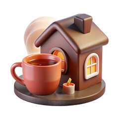 Cozy autumn scene featuring a steaming mug of hot beverage beside a miniature gingerbread house isolated on transparent background