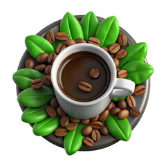 A steaming cup of rich dark coffee surrounded by vibrant green coffee leaves and roasted beans on a decorative plate isolated on transparent background