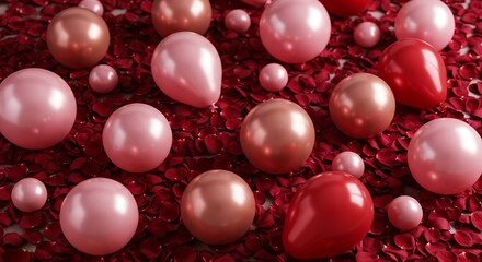 An elegant composition of glossy pink, red, and bronze spheres scattered across a luxurious bed of fresh red rose petals, a beautiful romantic background concept