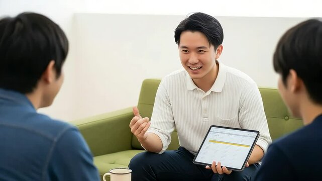 Asian man in a white polo shirt holding a tablet and talking to two other people in a casual office setting, discussing business