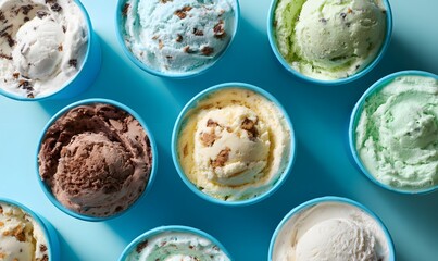 A vibrant, top-down image of multiple open ice cream pints arranged closely together on a bright teal background
