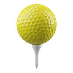 Close up of a yellow golf ball sitting on a white tee against black background