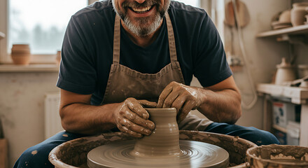 Joyful craftsman at work. Cheerful mature potter shaping a clay vase on a pottery wheel in his studio.