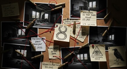 Intricate conspiracy theory board displaying cryptic clues and hidden meanings investigation