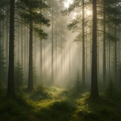 Fototapeta premium Morning fog in pine forest