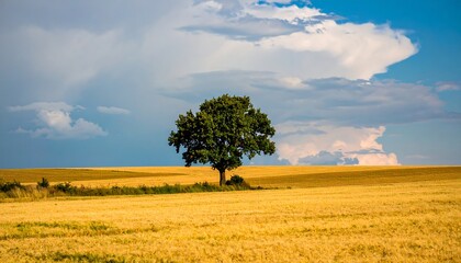 Fototapeta premium Lonely tree in a golden field under a stormy sky