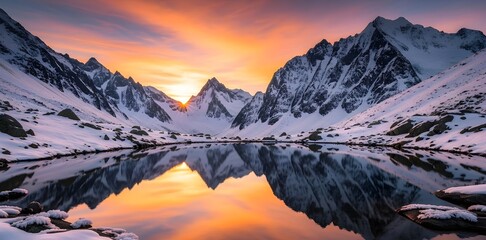 An ultra-detailed landscape capturing the warm glow of sunrise over majestic snowy mountain peaks. The still water in the foreground reflects the stunning colors and crisp details, creating a serene 